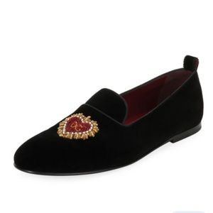 NEW Dolce & Gabbana Devotion Heart DG logo black velvet loafers